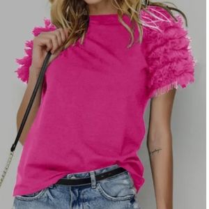 Rose Mesh Ruffled Short Sleeve T Shirt Size: Large